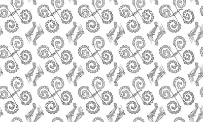 Black and white seamless pattern for the zodiac sign Pisces from doodles hand-drawn. Pairs of fish of the catfish family and astrological symbols. Fabric, textile, wallpaper, horoscope design. Vector.