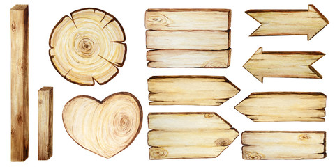 Watercolor Wooden signboards, empty Blank isolated. Signs Set of vintage old, retro Hand painted wood banners, planks, board, Heart, circle, arrow for pathfinding. Illustration with space for text © Svetlana