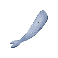 Digital illustration of a cute textural isolated element of a gentle blue sperm whale. Print for stickers, wrapping paper, baby fabrics, cards, banners, web design.