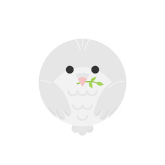 Cute dove bird round vector illustration. Lovely, love symbol white dove bird with sprig, twig in beak. Isolated graphic animal icon.