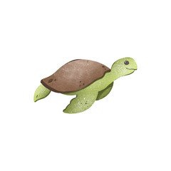 Digital illustration of a cute textured green turtle element isolated. Print for stickers, wrapping paper, baby fabrics, cards, banners, web design.