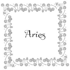 A square isolated black and white zodiac frame with the inscription Aries in the center. Isolated hand drawing of doodles. Black outlines. For astrological banner, postcard, poster, flyer, etc. Vector