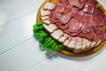 Meat plate set with salami, bacon, hamon