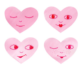 Watercolor card with rose hearts with funny faces. Hand drawn. Isolated on white. Good for card, poster, print, fabric, wrapping paper design