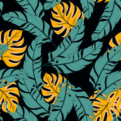 Trendy seamless tropical pattern with colorful plants and leaves on a dark background.  Beautiful print with hand drawn exotic plants. Summer colorful hawaiian.