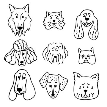 Set of illustrations cute funny dog faces in the doodle style