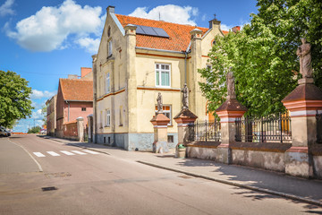 Old tenements at Koscielna Street, next to the church of St. Maciej, Bisztynek, Warmia, Poland.