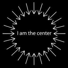 White arrows pointing in the center of circle on black background.