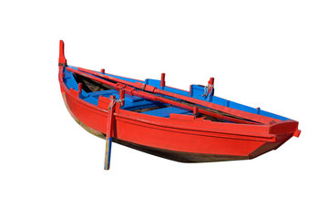 red wooden fishing boat isolated on a white background