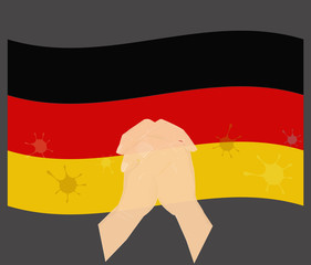 Praying hands with novel coronavirus stained on the National Flag of germany, Pray for germany, Save german people concept, cartoon graphic, sign symbol background, vector illustration.