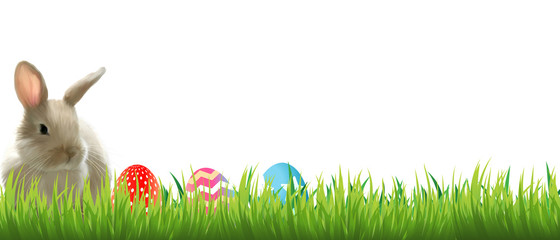 Frohe Ostern! Header Banner Feiertag Osterhase versteckt sich im Gras