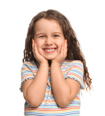 Portrait of cute little girl on white background