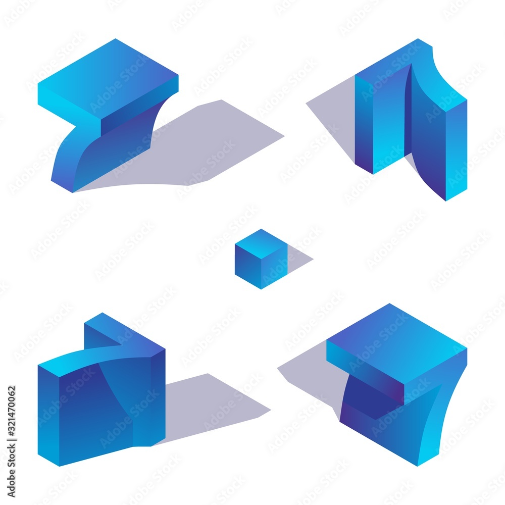 Poster vector collection with isometric numbers 7 in different views. blue digits drawn in blue gradients w