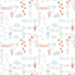 Seamless vector print, giraffes boys in different colored costumes.