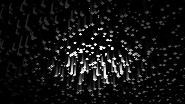 Abstract moving geometric shapes from the top to the bottom. Animation. 3d monochrome rectangular figures, growing columns on black background.