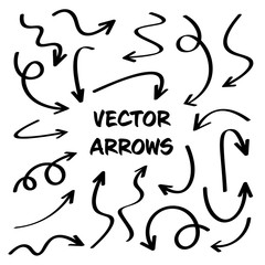 Black Hand Drawn Arrows Set on White Background. Arrow, Cursor Icon. Vector Pointers Collection. Back, Next Web Page Sign. 