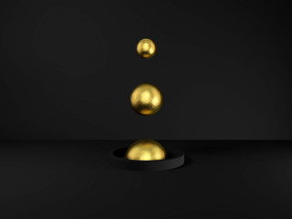 Golden spheres on black background. 3d render. modern art. Classy style