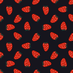 Vector seamless pattern of berries. Strawberries on a black background. Pattern made without using clipping mask