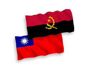 National vector fabric wave flags of Angola and Taiwan isolated on white background. 1 to 2 proportion.