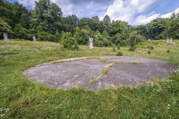 Unique open air exhibit of sculptures from period of 1970-1986 made during art events called Magura Sculpture Camp on a hills near Magura, Romania