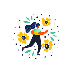 Vector illustration of a young woman running surrounded by decorative elements in a shape of circle.  Flat illustration of an athletic girl exercising with flowers, leaves and dots.