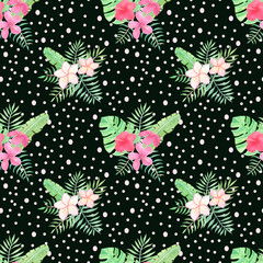 Tropical flowers seamless pattern on black background.Watercolor exotic flowers and leaves hand drawn background. Perfect for textile, fabric, covers. Hibiscus, palm leaves, monstera.
