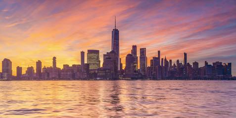 New York City downtown skyline at sunset - beautiful cityscape