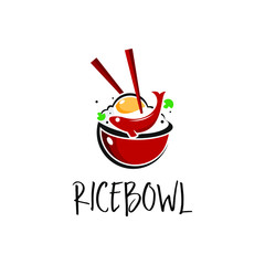 rice bowl logo healthy food modern design template. icon with chopstick, fish and fried egg vector for restaurant industry
