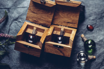 Alchemical aroma oils, perfume fragrances with wooden box