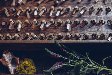 Alchemical aroma oils, perfume fragrances with wooden box