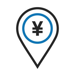 Twin color Bank ATM Yen currency Location Icon on white background to use in web application interface. It can also be used for travel and tourism industry.