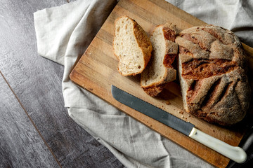 Fresh homemade buckwheat bread. healthy sourdough bread. Dark background with place for text.