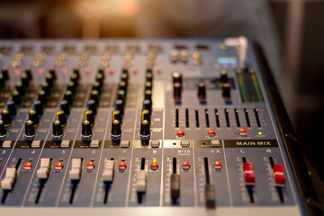 Audio sound mixer console, slider close up, selective focus