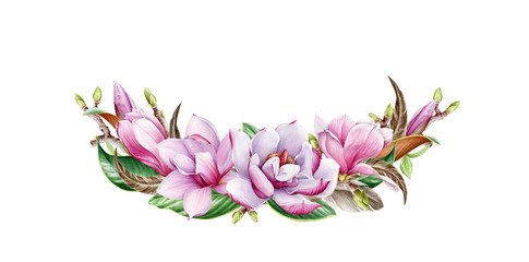 Fototapeta na wymiar Magnolia flower arrangement with leaf and feather watercolor painted illustration. Tender spring realistic blossom invitation card. Hand drawn magnolia bouquet flowers isolated on white background.