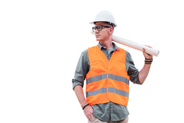 Handsome man engineers holding roll of paper isolated on white background.