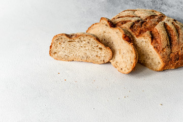Fresh homemade buckwheat bread. healthy sourdough bread. background with place for text