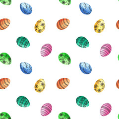 Seamless easter eggs pattern. Watrcolor eggs on white background.Texture for wrapping paper, textile, scrapbooking,.