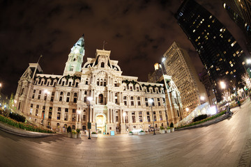 Fototapeta na wymiar City hall of Philadelphia at night, illuminated square, Pennsylvania USA