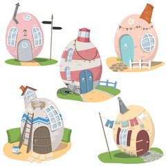 Set of five oval houses with exterior on a white background.