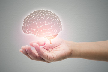 Man holding brain illustration against gray wall background. Concept with mental health protection and care.