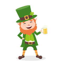 Cartoon Leprechaun in green frock coat and top hat with mug of light beer. Saint Patrick´s Day card. Vector illustration. Traditional Irish holiday character. Isolated on white background