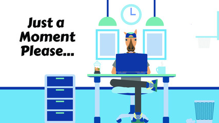 is being processed , web, horse head, working, office and animal, cool color, laptop in room.