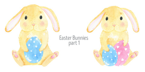 Watercolor cute red rabbit, funny bunny. Happy Easter, Easter colorful eggs, Easter bunny. Baby cute animal. Wild, forest animal, farm. Illustration rabbit.