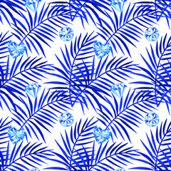 Blue palm leaves with crystals, hearts. Vector seamless tropical pattern.