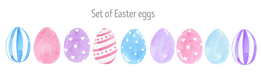 Easter eggs watercolor set. Happy Easter. Colorful eggs, pastel colors. Sweet Easter