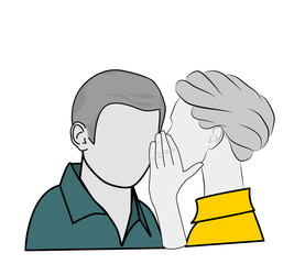 woman speaks to man in ear. gossip and rumors. vector illustration.