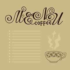 coffee menu on a beige lined background with a cup of coffee, color vector illustration