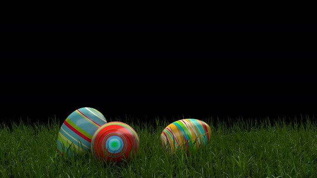 Easter eggs on the grass. Easter eggs slide down the slope covered with green cereal. Sunny positive climate. Beautiful surroundings and cheerful animation. Zet buffer, alpha channel included.