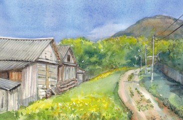 Rural landscape with road and houses. watercolor drawing