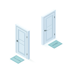 Vector isometric front doors with carpet. Interior constructor 